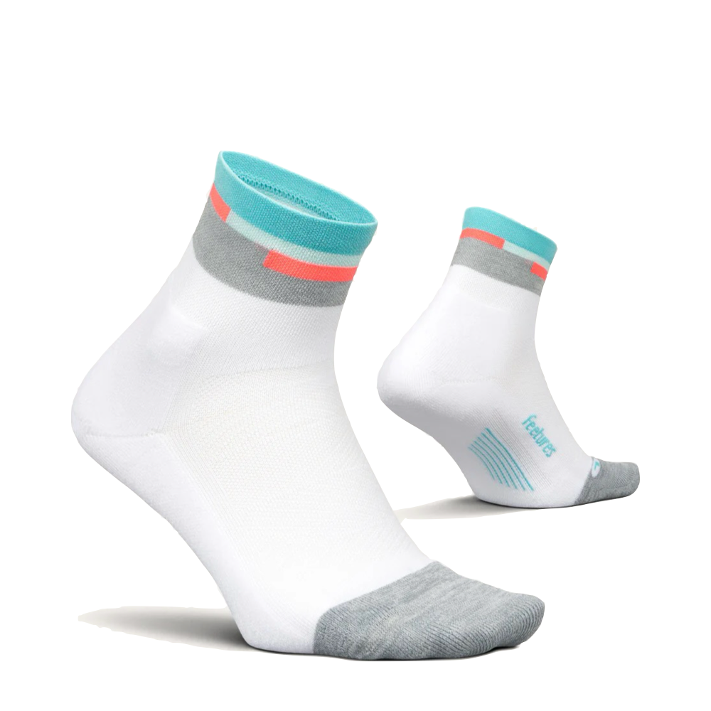 Side (right) and bottom view of Feetures Elite Light Cushion Quarter Sock.