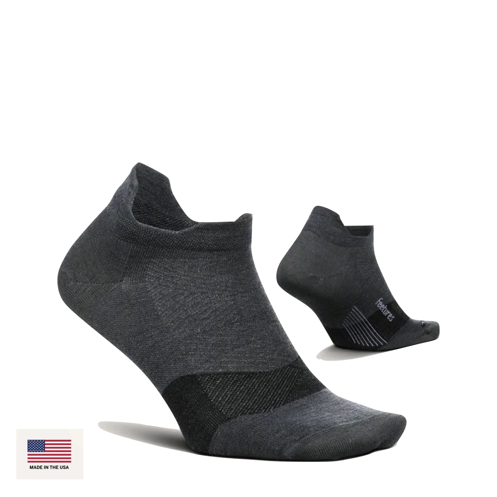 Side and bottom view of Feetures Merino 10 Max Cushion Tab Sock.