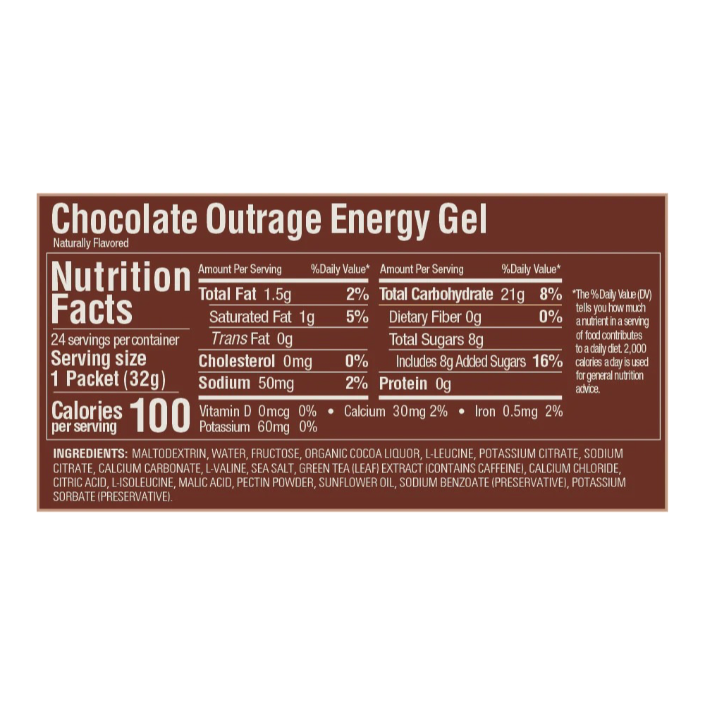 Nutrition Facts for GU Energy Gel Packet in Chocolate Outrage.