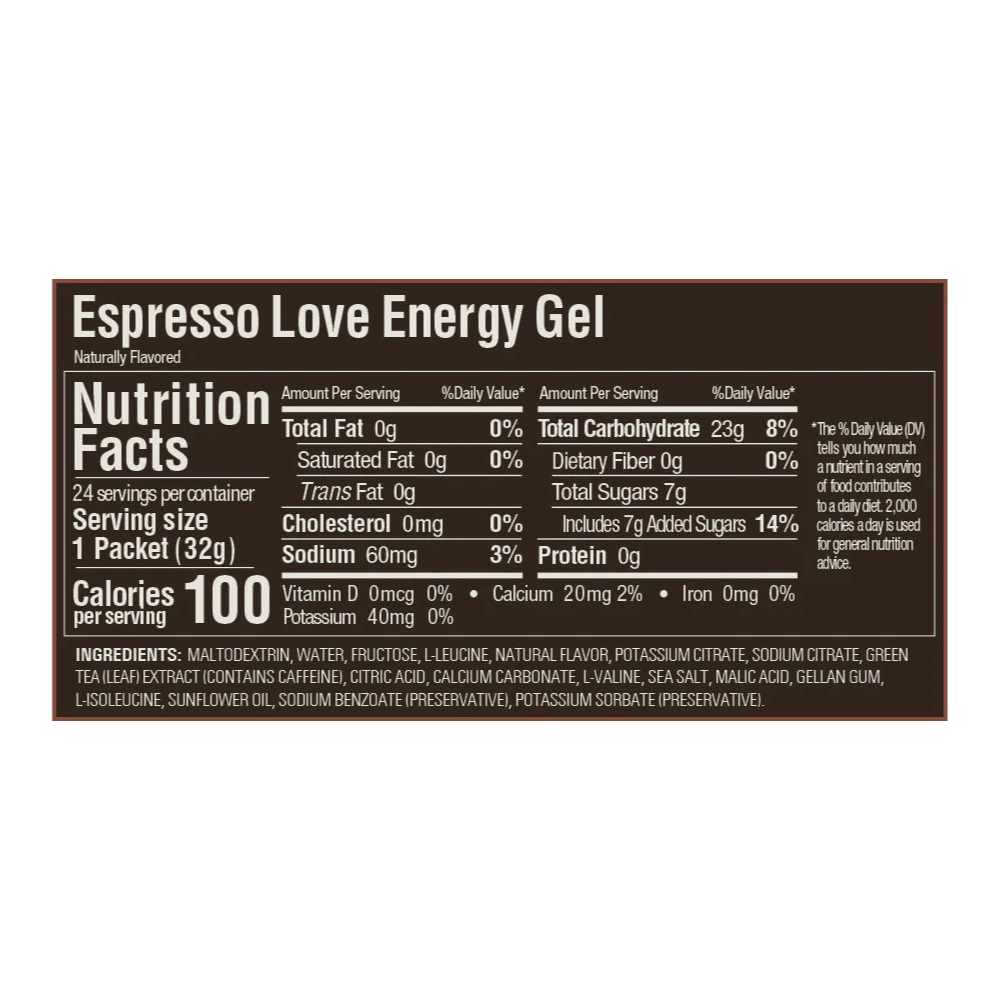 Nutrition Facts for GU Energy Gel Packet in Espresso Love.