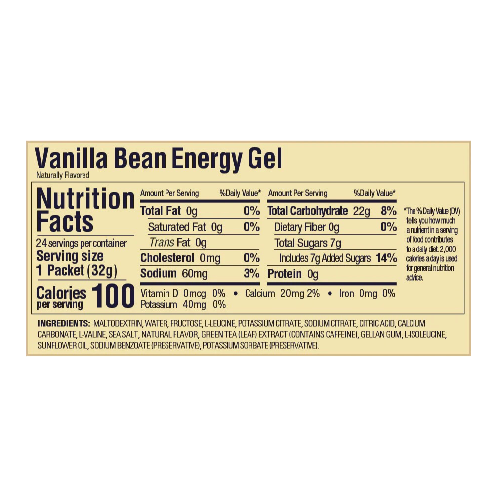 Nutrition Facts for GU Energy Gel Packet in Vanilla Bean.