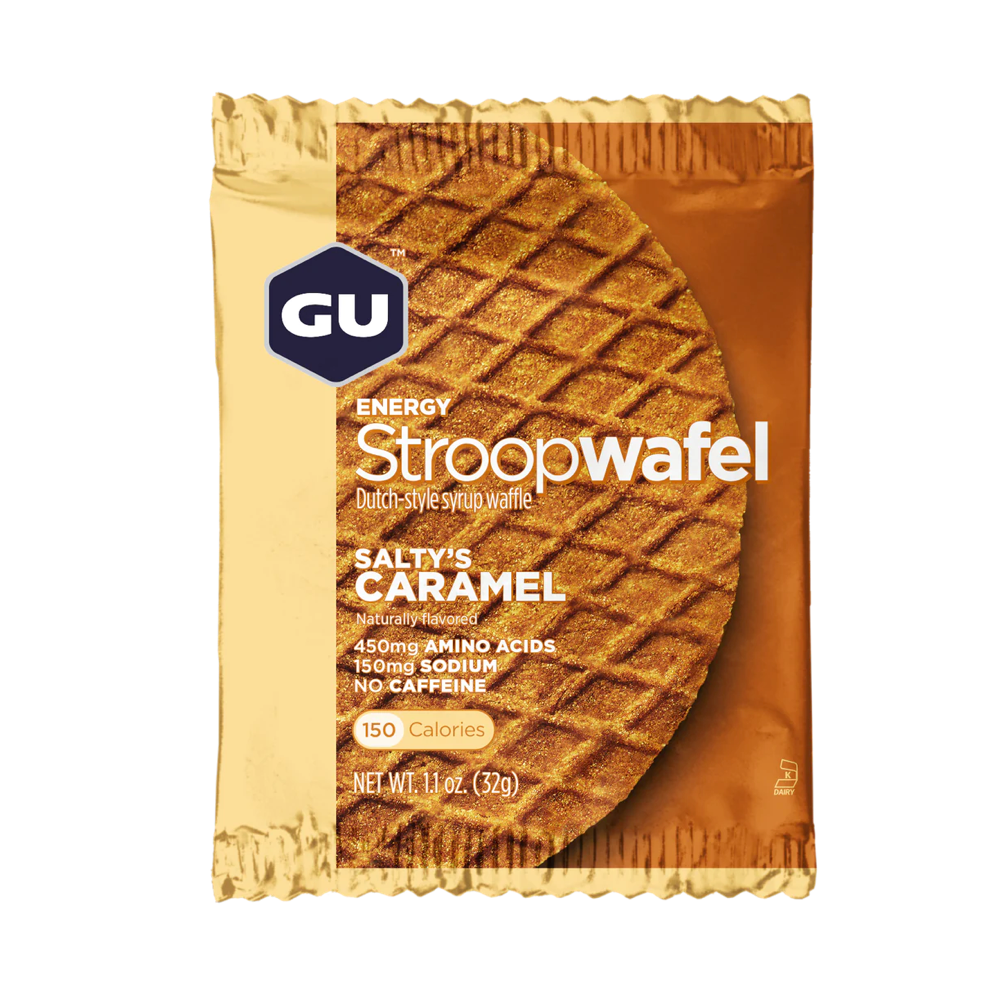 Front view of GU Energy Stroopwafel in Salty's Caramel.