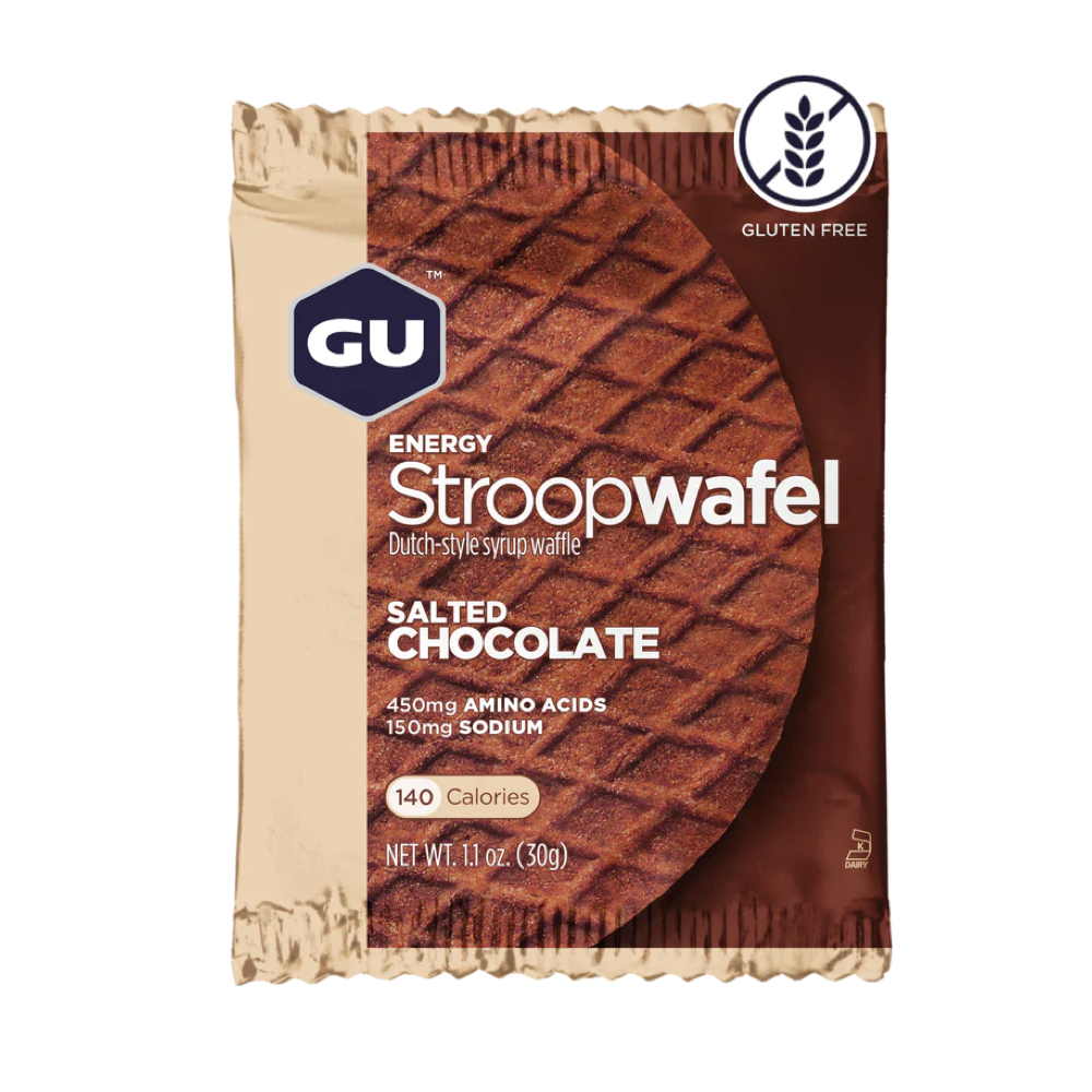 Front view of GU Gluten Free Energy Stroopwafel in Salted Chocolate.