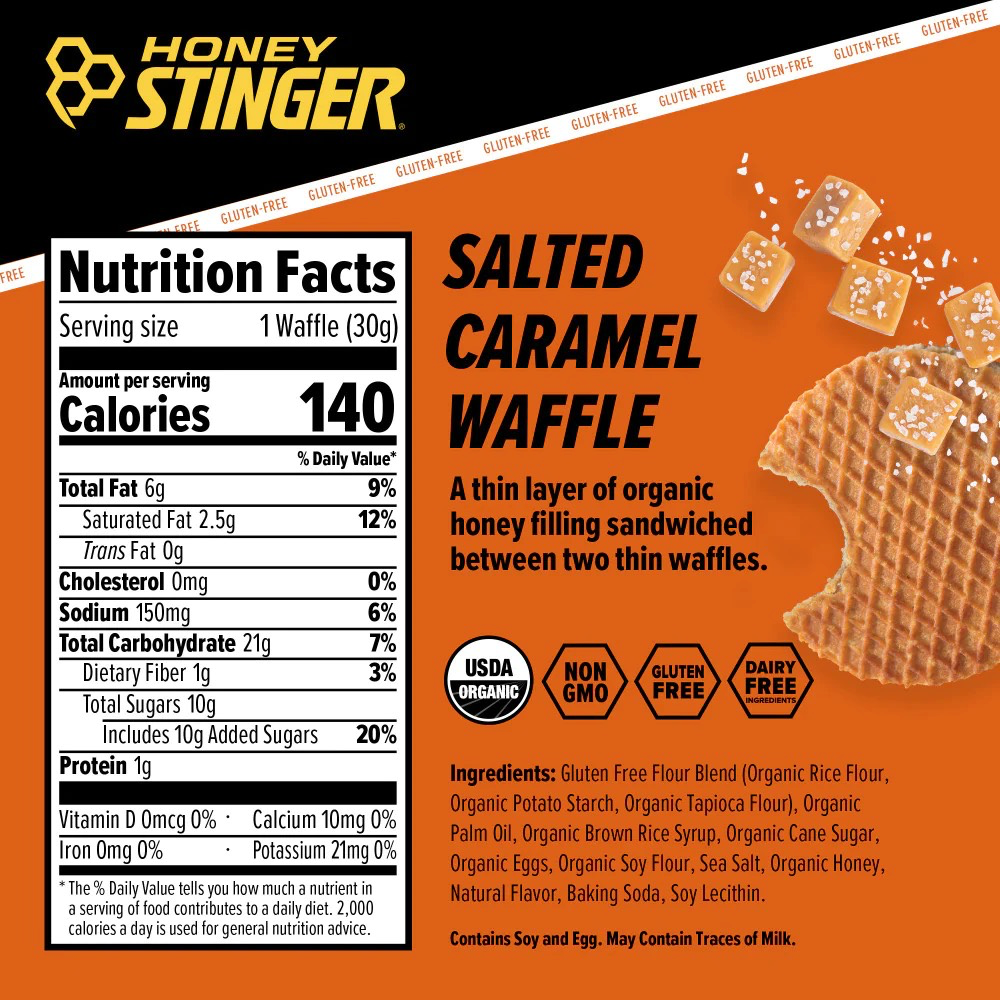Nutrition Facts of Honey Stinger Energy Waffle in Salted Carmel.