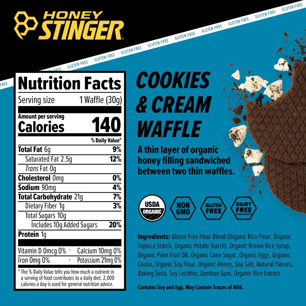Nutrition Facts of Honey Stinger Energy Waffle in Cookies & Cream.