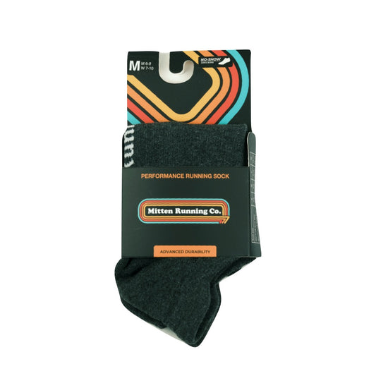 Front packaging view of Mitten Running Co. Performance No Show Sock.
