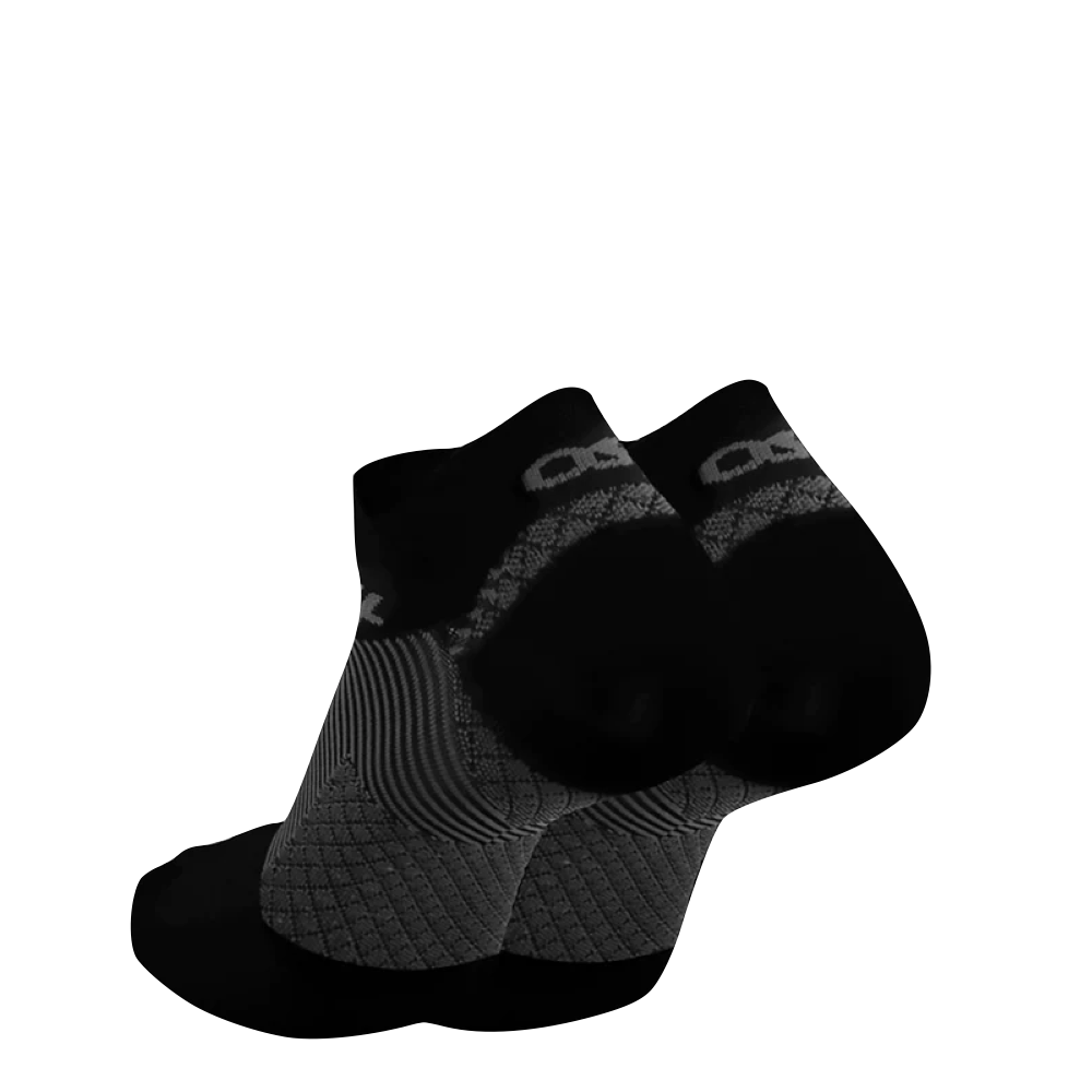 Heel and side view of OS1st Plantar Fasciitis No Show Socks.