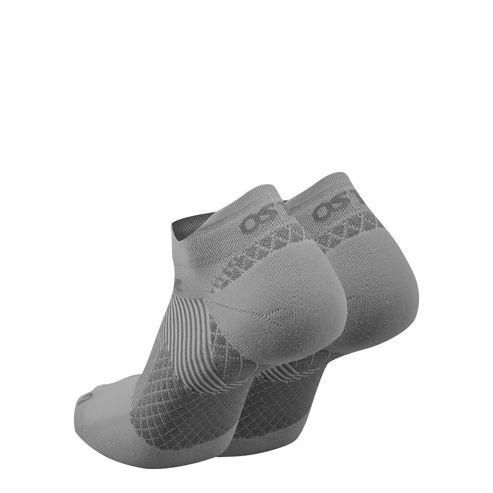 Heel and bottom view of OS1st Plantar Fasciitis No Show Socks.