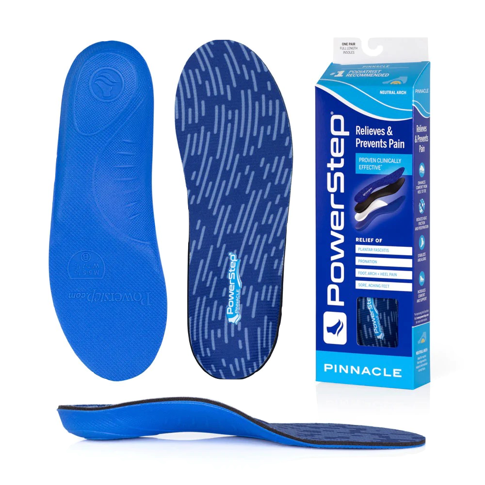 Top-down, bottom, side and packaging view of Powerstep Pinnacle Full Arch Insole.