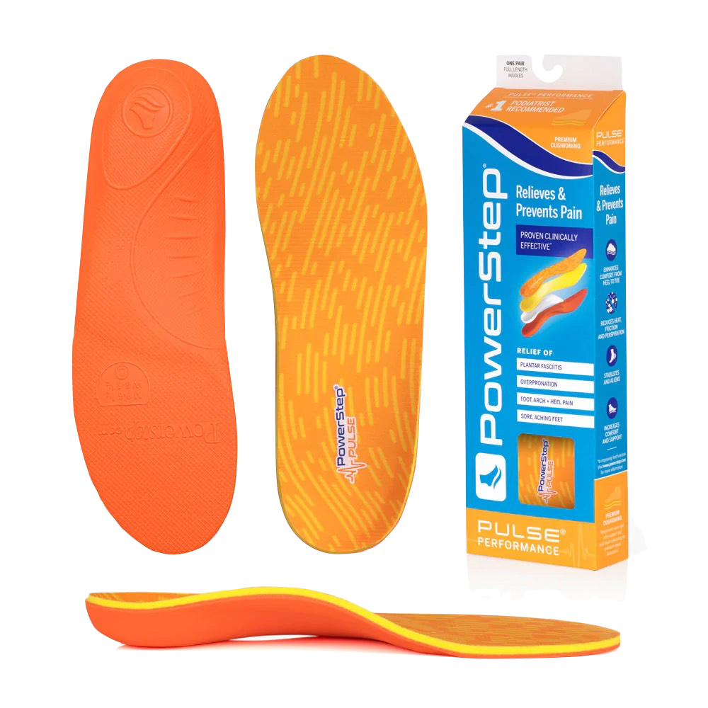 Top-down, bottom, side and packaging view of Powerstep Pulse Athletic Insole.