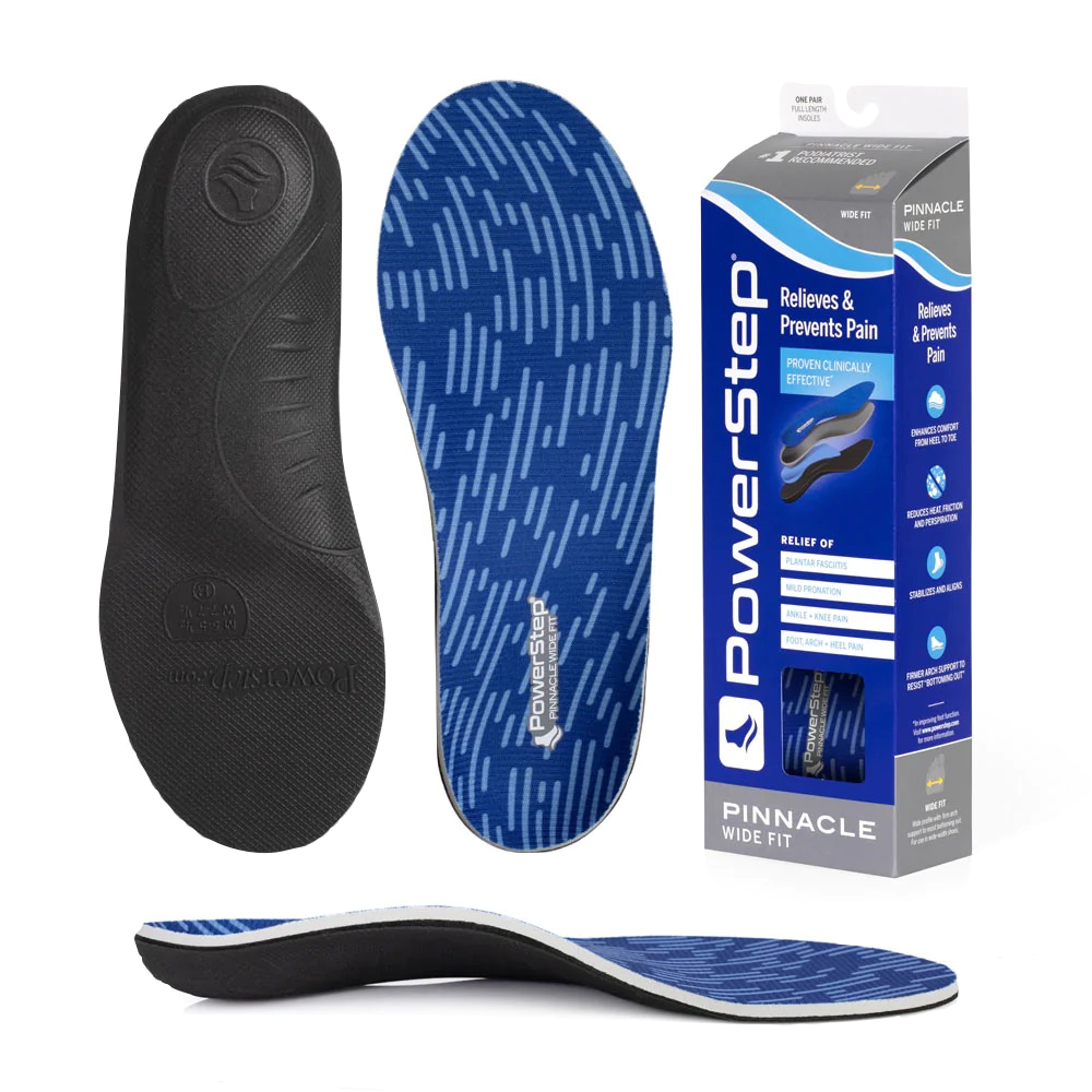 Top-down, bottom, side and packaging view of Powerstep Wide Insoles.
