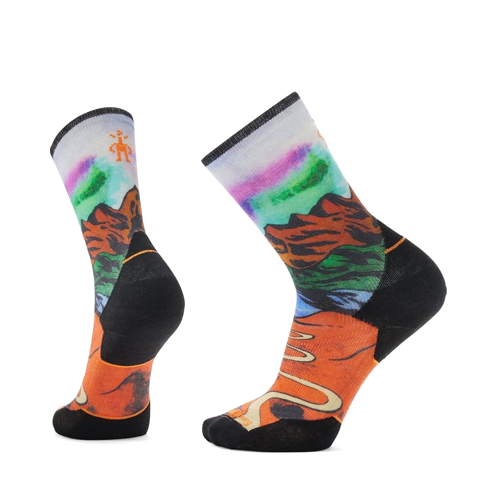 Side (left) and bottom view of Smartwool Trail Run Singletrack Print Targeted Cushion Crew Socks.