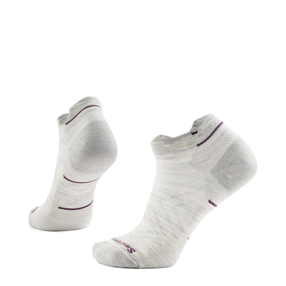 Side (left) and bottom view of Smartwool Run Zero Cushion Low Ankle Socks for women.