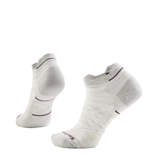 Side (left) and bottom view of Smartwool Run Zero Cushion Low Ankle Socks for women.