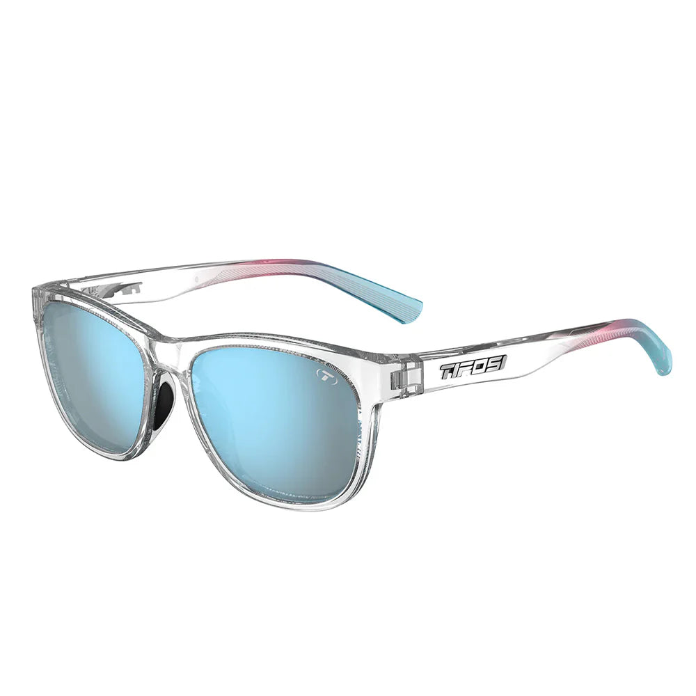 Tifosi Swank Sunglasses in Avant Clear Frame + Smoke Tint with Bright Blue Mirror Lenses