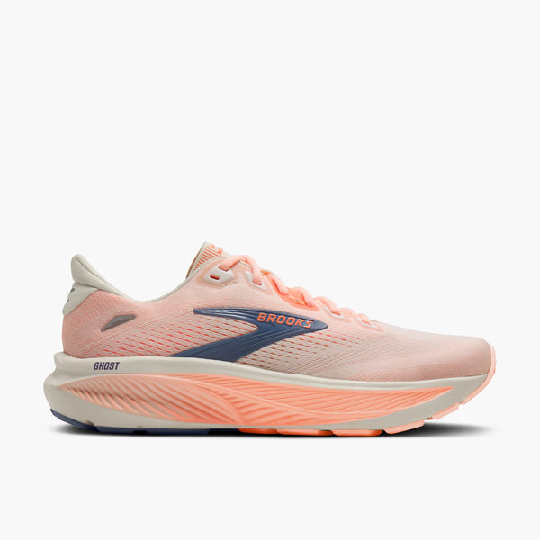 Brooks Women's Ghost 18 Sneaker in Star White/Cyber Peach/Grey