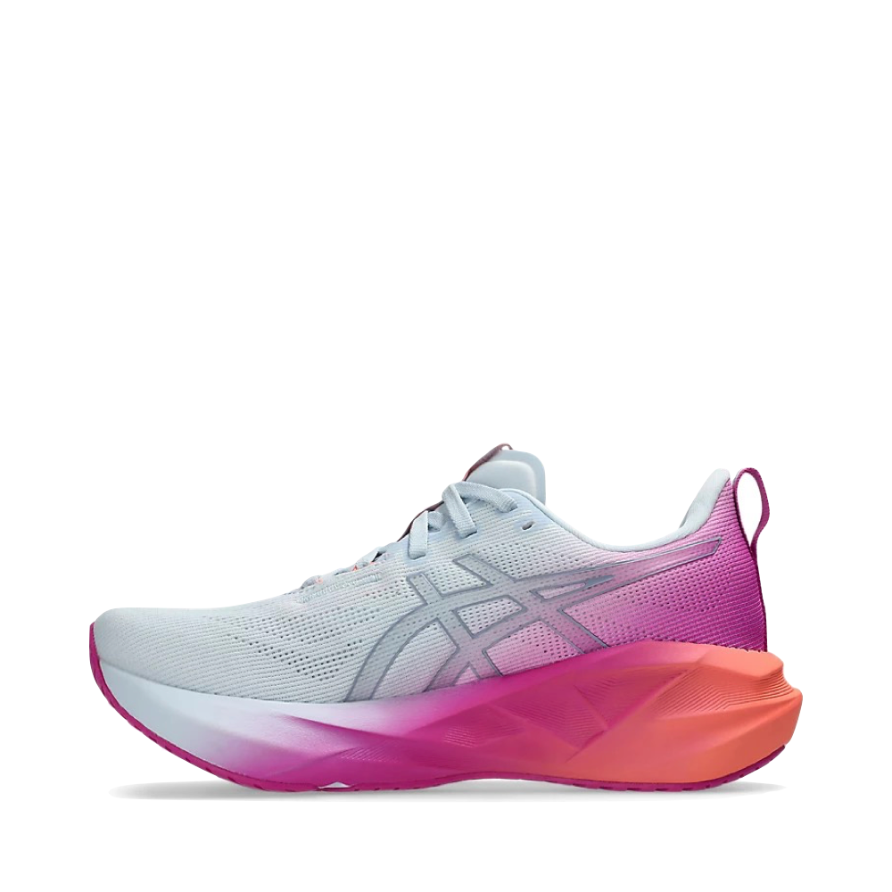 Side (left) view of Asics Novablast 5 Sunny Sizzle Sneaker for women.