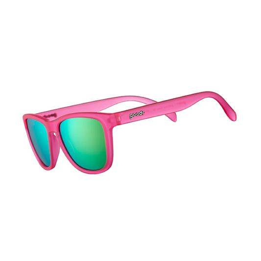 Goodr OG Sunglasses in Flamingos On A Booze Cruise with Mirrored Reflective Teal Lenses