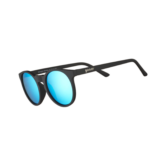 Goodr Circle G Sunglasses in Midnight Ramble at Circle Bar with Mirrored Reflective Blue Lenses
