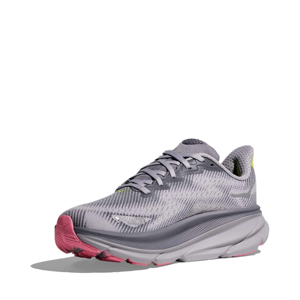 Mudguard and Toe view of Hoka Clifton 9 GTX Waterproof Sneaker for women. 