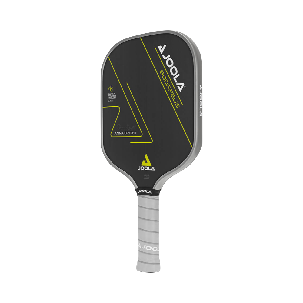 Side angle view of Joola Anna Bright Scorpeus CFS 14 Pickleball Paddle.