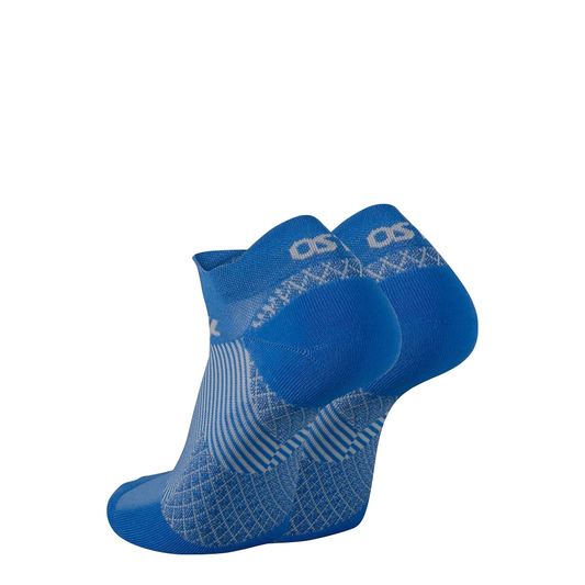 Side (left) and bottom view of OS1st Plantar Fasciitis No Show Socks. 