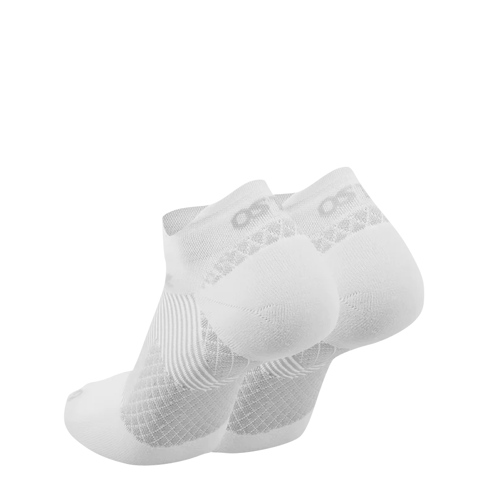 Side and heel view of OS1st Plantar Fasciitis No Show Socks.