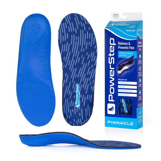 Top-down, bottom, side and packaging view of Powerstep Pinnacle Full Arch Insole.
