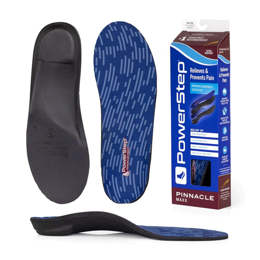 Top-down, bottom, side and packaging view of Powerstep Pinnacle Maxx Insole.