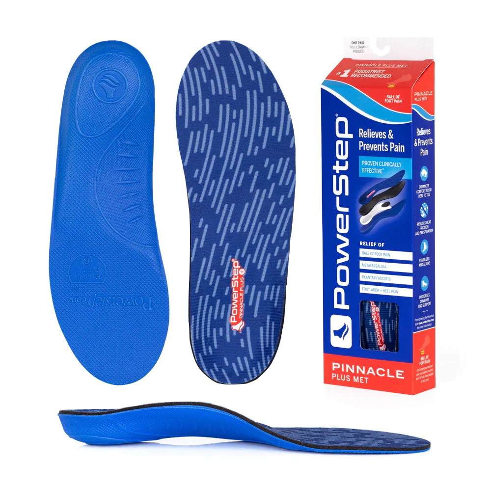 Top-down, bottom, side and packaging view of Powerstep Pinnacle Plus Metatarsal Insole.