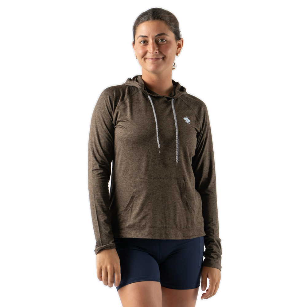 Front model view of Rabbit EZ Pullover Hooded Long Sleeve Top.