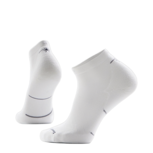 Side (left) and bottom view of Smartwool Run Targeted Cushion Ankle Socks.