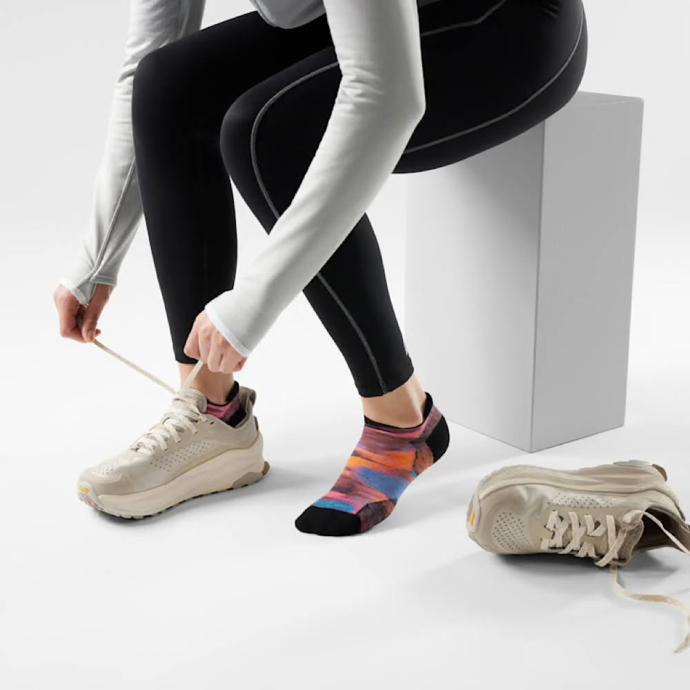 Model view of Smartwool Run Brushed Print Targeted Cushion Low Ankle Socks for women.