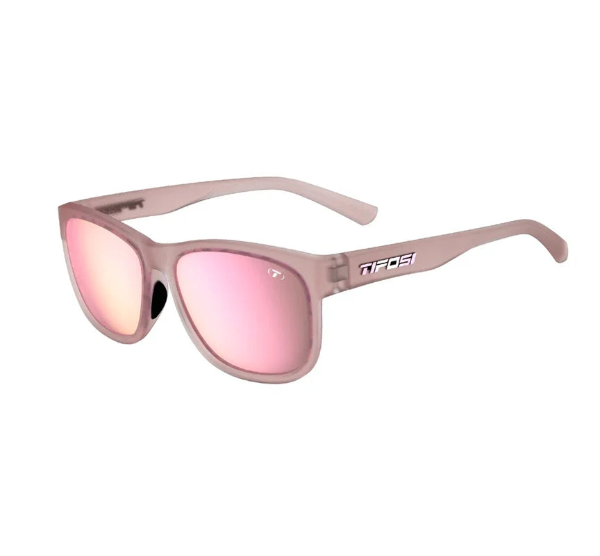 Tifosi Swank XL Sunglasses in Frosted Rose Frame - Smoke Tint with Pink Mirror Lenses